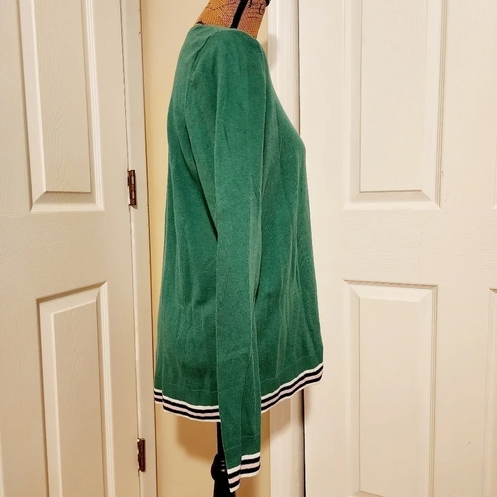 Old Navy Green Crewneck Sweater Varsity Striped Hems Women's Large L Spring EUC - Picture 2 of 7